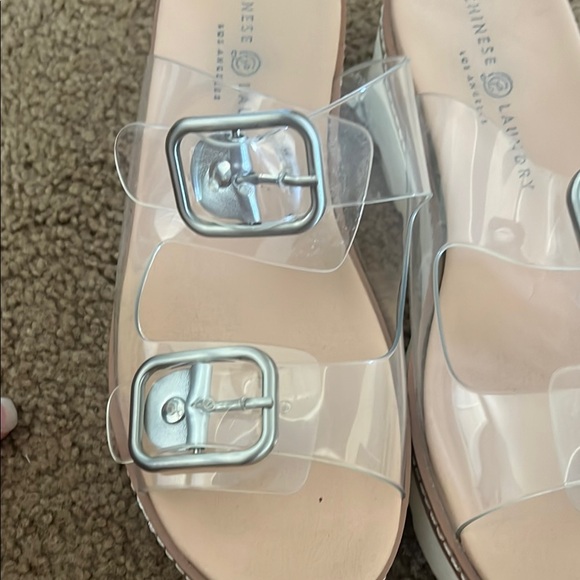Chinese Laundry White and Brown Platform Sandals with Clear Buckle Straps - Picture 7 of 7